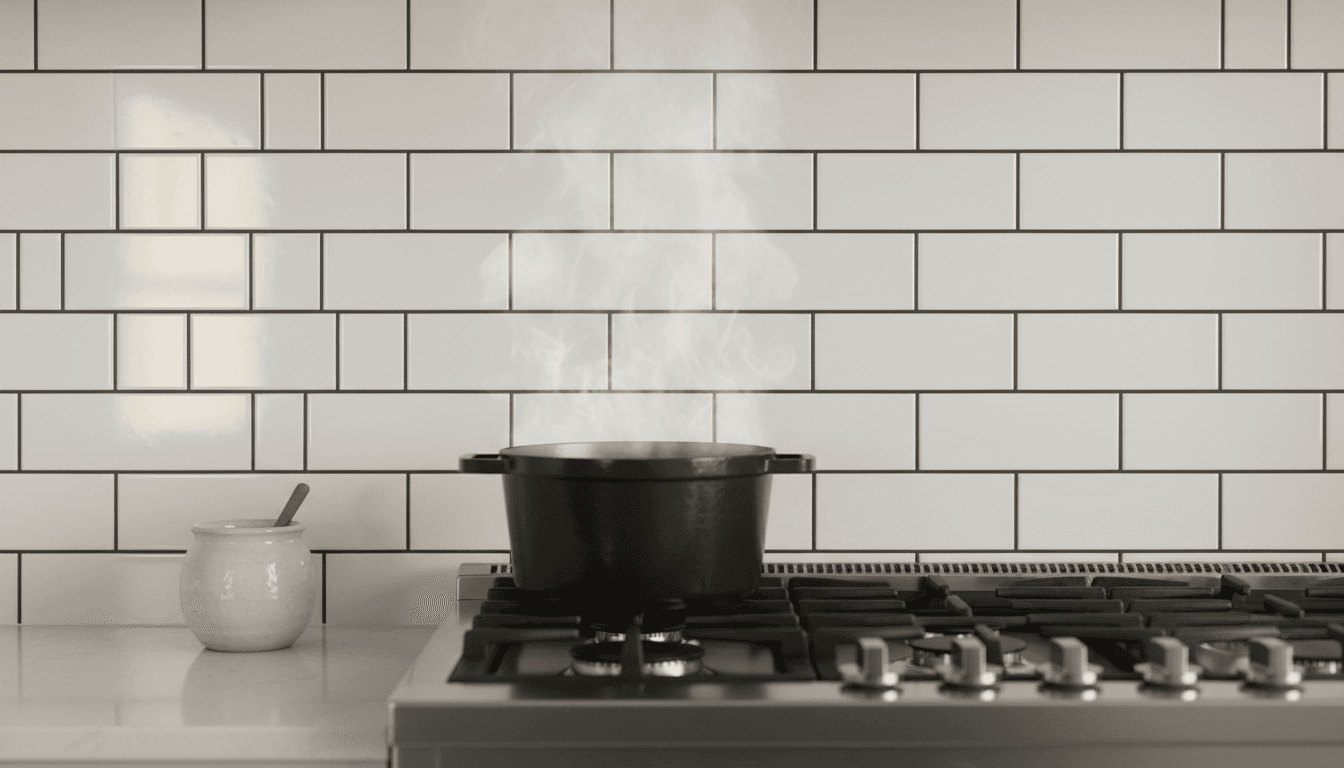 White subway tile backsplash with charcoal grout behind a stove