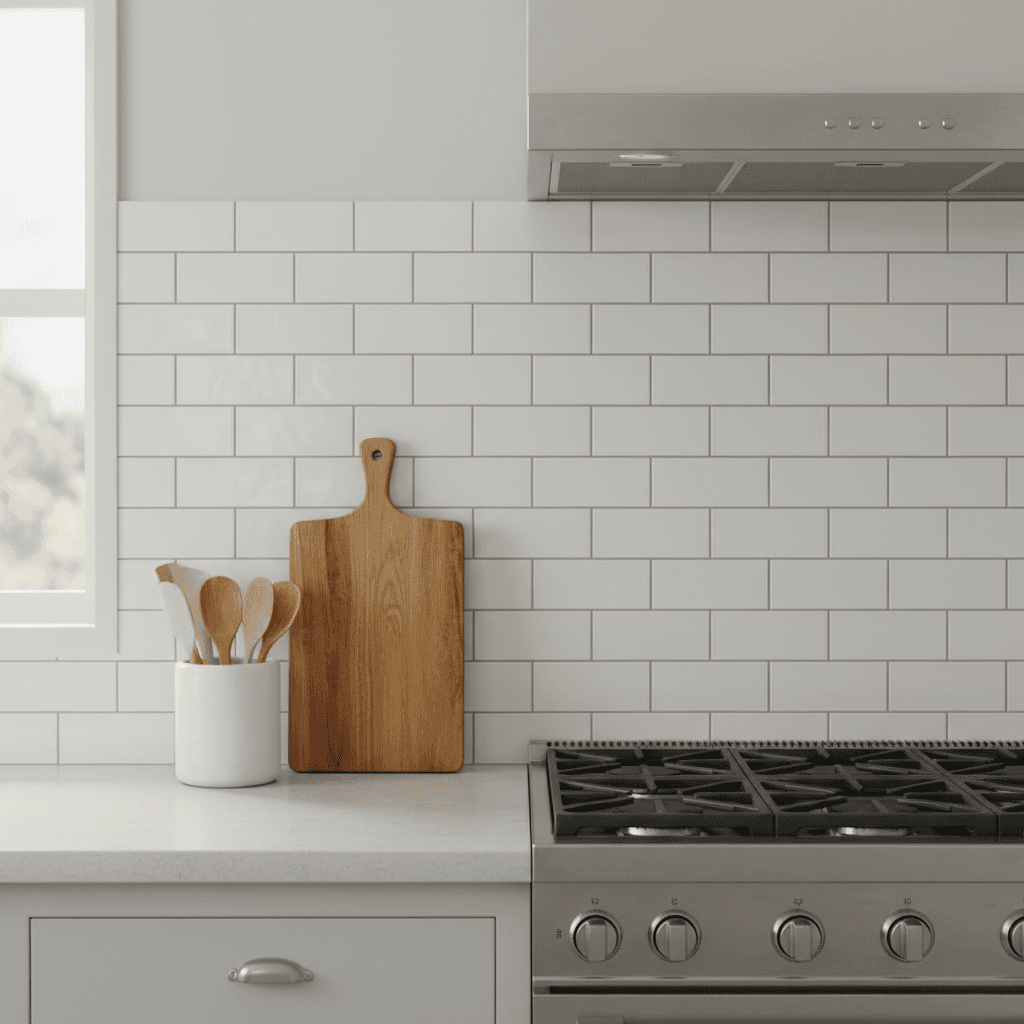 Finished kitchen backsplash with clean grout lines and no debris