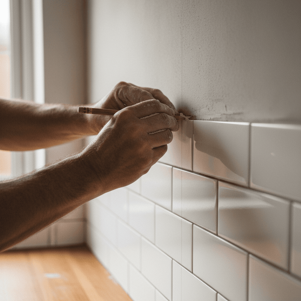 Hand-laid layout on kitchen wall before tile installation