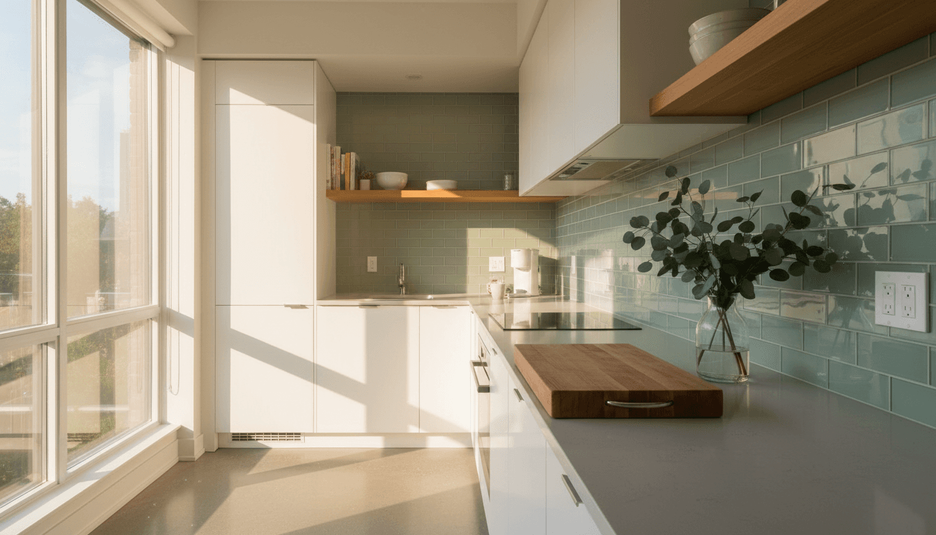 Glass tile backsplash in a bright Toronto kitchen with natural light