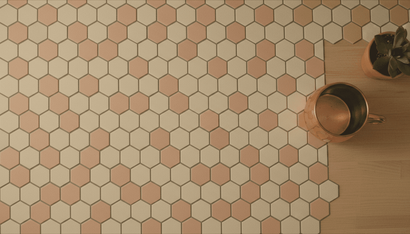 Overhead view of hexagon tile backsplash in blush and white