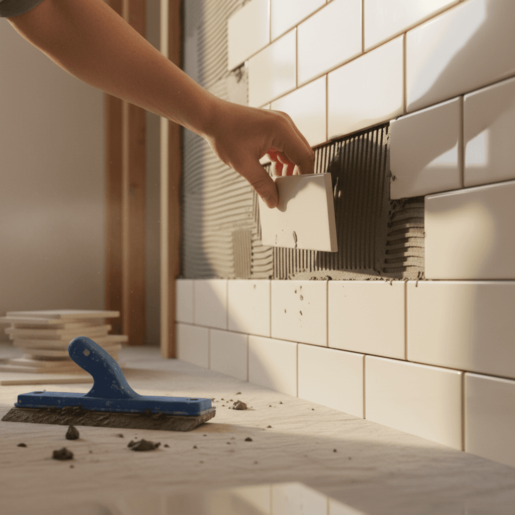 Hand placing a subway tile on a backsplash