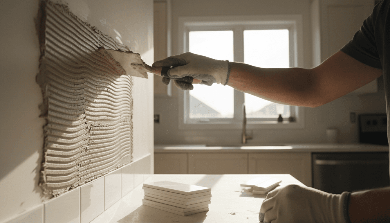 Hands spreading mortar on a kitchen wall with a notched trowel, subway tiles nearby