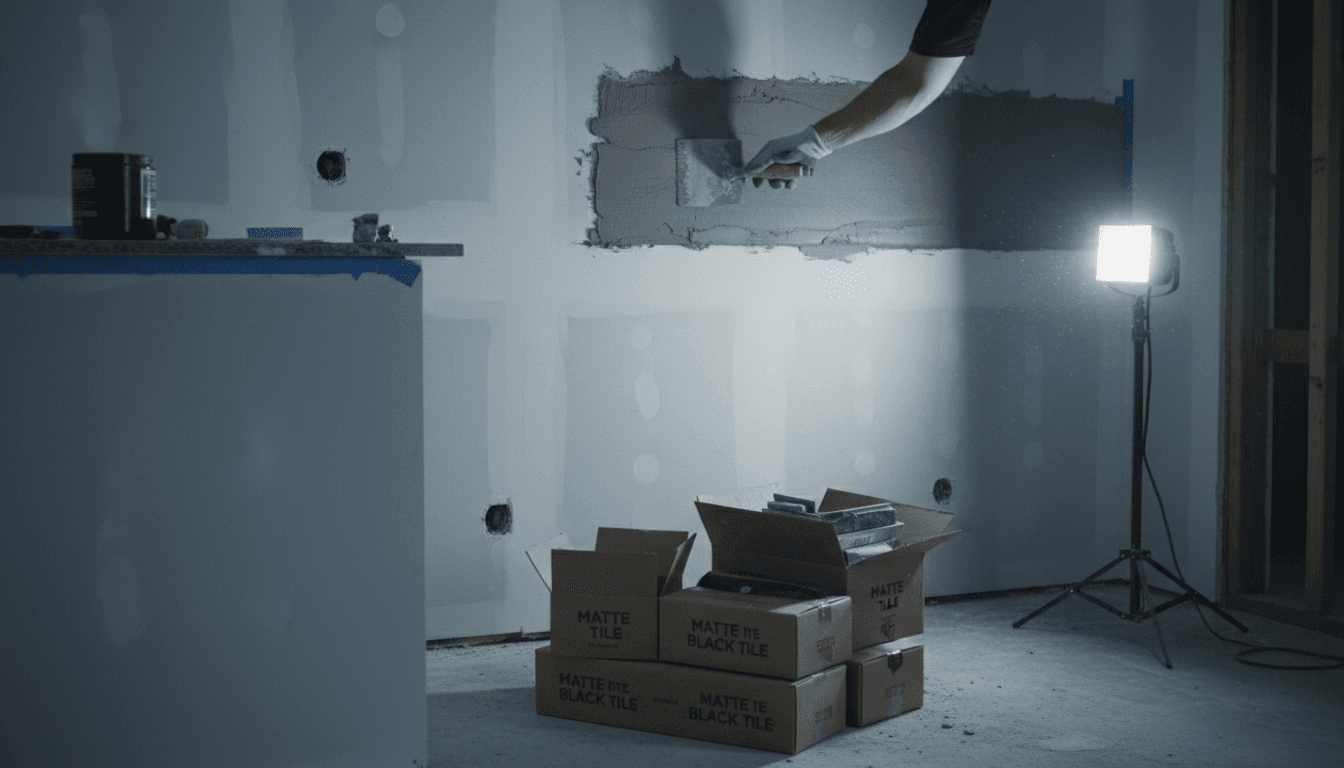 Trowel applying mortar during a tile backsplash installation