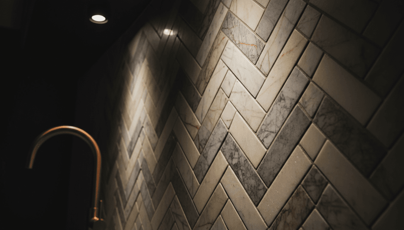 Herringbone marble mosaic backsplash detail shot